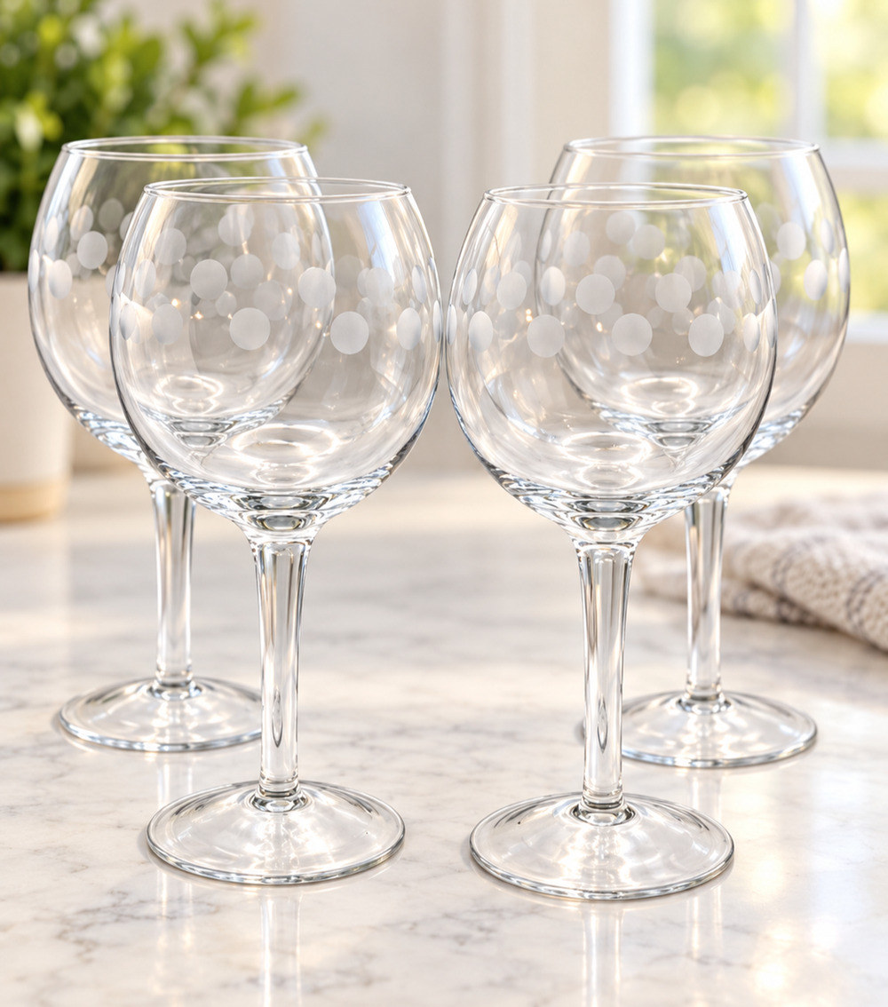 Set of 4 Etched Polka Dot Balloon Wine Goblets 9” Clear Glass 17 oz Stemware